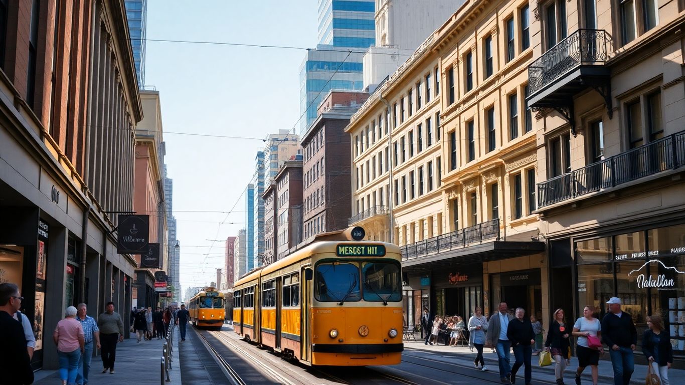 Melbourne street scene with trams and buildings.