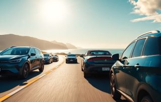 Sleek electric cars driving on a scenic Australian road.